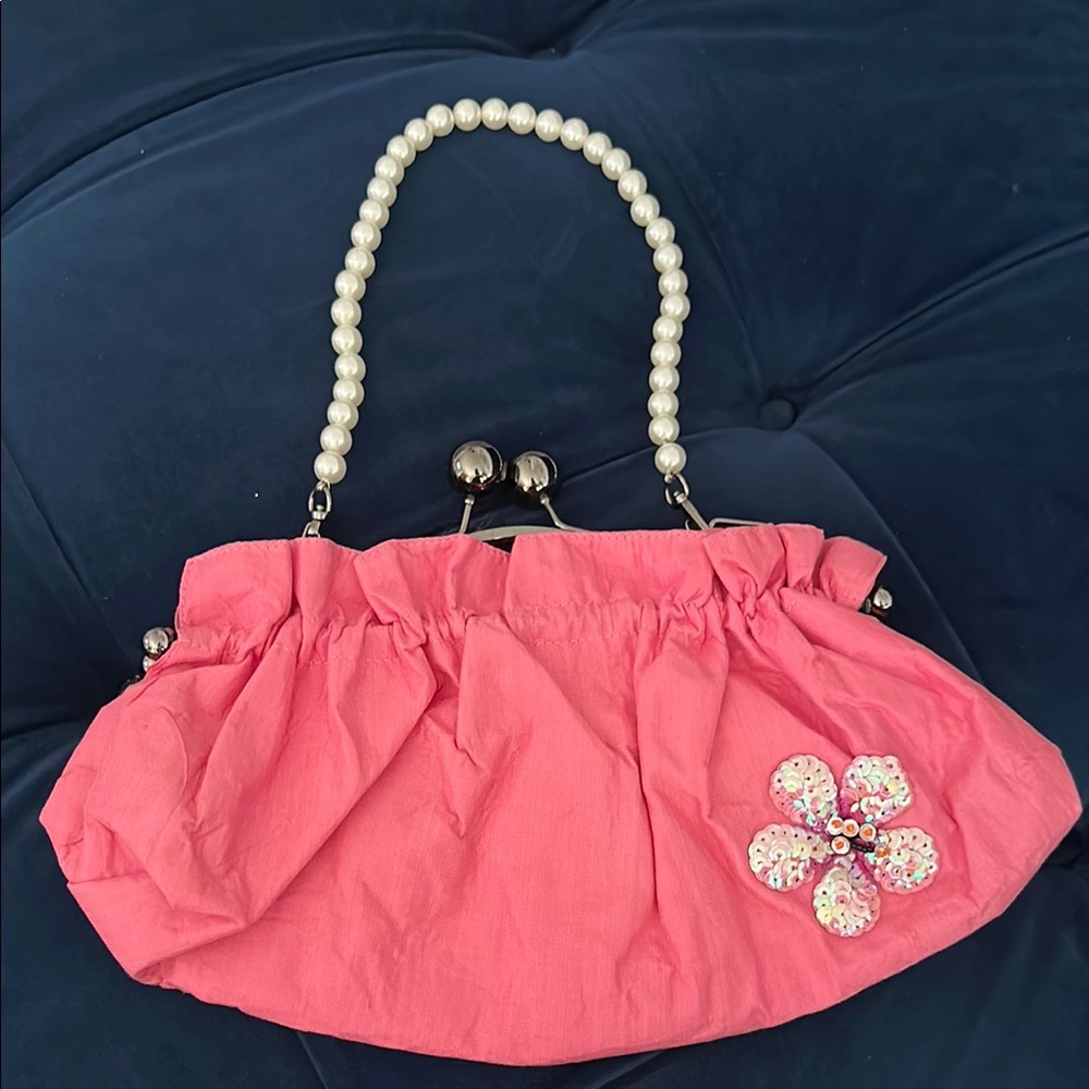NEW Pink Pearl Handle Purse with Sequin Flower